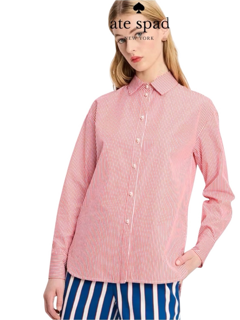 Kate Spade Red&White festive stripe pearl button down 100cotton shirt 2XS